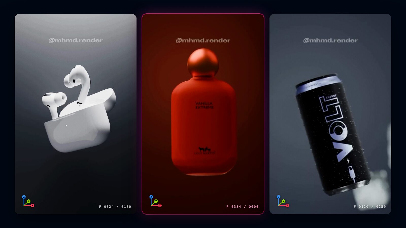 3D product animation renders of AirPods Pro, a perfume bottle and an energy drink can