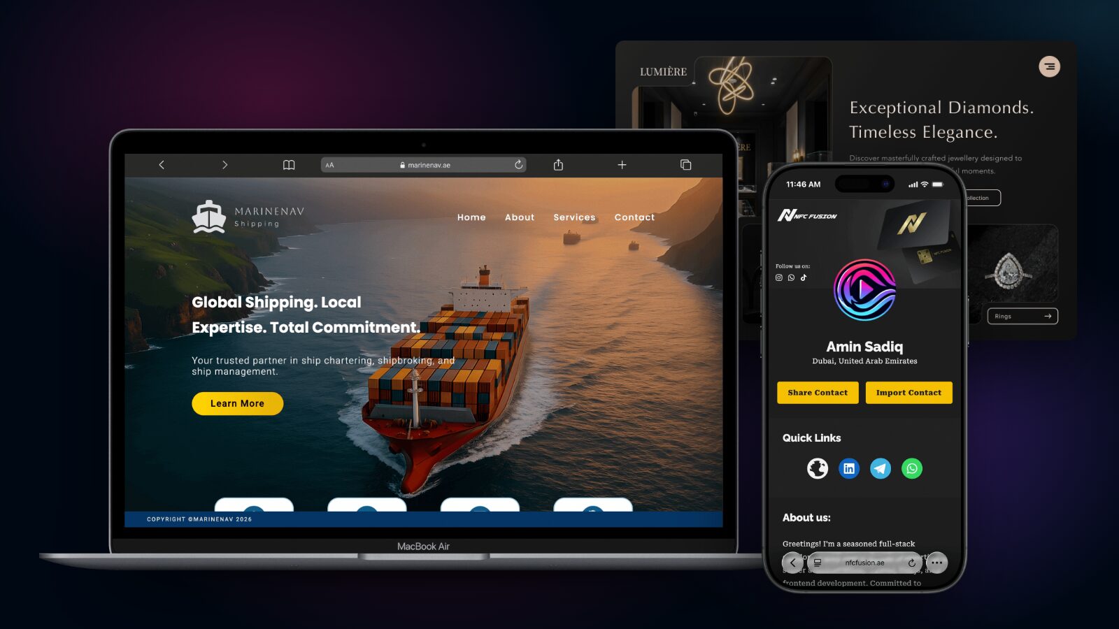 Websites built by Vivid Media for Marinenav and NFC Fusion shown on a laptop and a phone